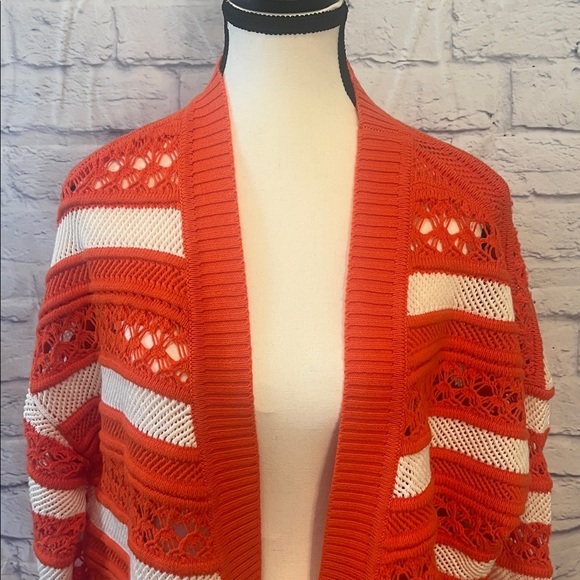 Maeve Anthropologie Crochet Open Cardigan Sweater Orange & White Size Medium - Picture 3 of 9